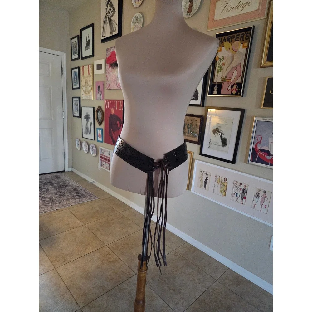 Vintage Dark Brown Leather Wide Waist Belt Laser Cut Floral Lace Up Tassel